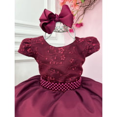 Vestido Infantil Marsala Busto C/ Renda e Cinto de Pérolas