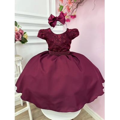 Vestido Infantil Marsala Busto C/ Renda e Cinto de Pérolas