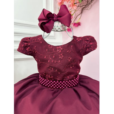 Vestido Infantil Marsala Busto C/ Renda e Cinto de Pérolas