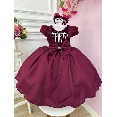 Vestido Infantil Marsala Busto C/ Renda e Cinto de Pérolas