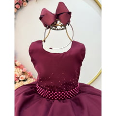 Vestido Infantil Marsala Busto C/ Strass e Cinto de Pérolas