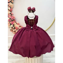 Vestido Infantil Marsala Busto C/ Strass e Cinto de Pérolas