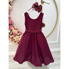 Vestido Infantil Marsala Busto C/ Strass e Cinto de Pérolas