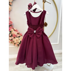 Vestido Infantil Marsala Busto C/ Strass e Cinto de Pérolas