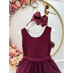 Vestido Infantil Marsala Busto C/ Strass e Cinto de Pérolas