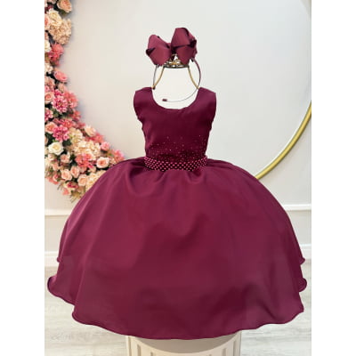 Vestido Infantil Marsala Busto C/ Strass e Cinto de Pérolas