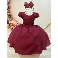 Vestido Infantil Marsala Busto Com Renda Daminha Festas
