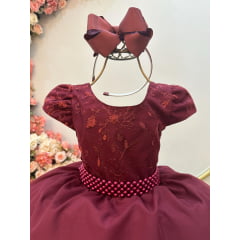 Vestido Infantil Marsala Busto Com Renda Daminha Festas