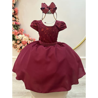 Vestido Infantil Marsala Busto Com Renda Daminha Festas
