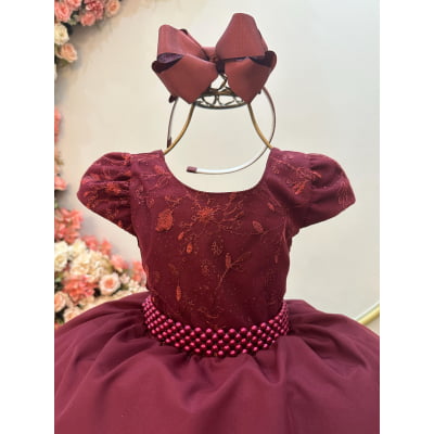 Vestido Infantil Marsala Busto Com Renda Daminha Festas