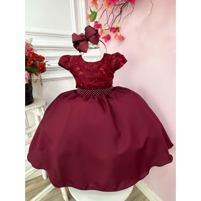 Vestido Infantil Marsala Busto Com Renda e Cinto de Pérolas