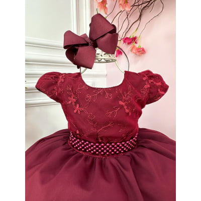 Vestido Infantil Marsala Busto Com Renda e Cinto de Pérolas