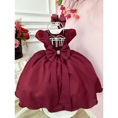 Vestido Infantil Marsala Busto Com Renda e Cinto de Pérolas