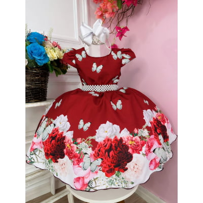 Vestido Infantil Marsala Jardim das Borboletas C/ Pérolas
