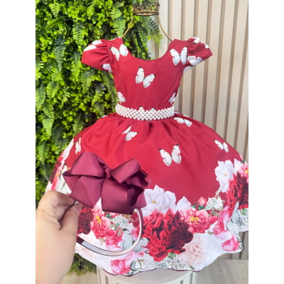 Vestido Infantil Marsala Floral + Tiara ou Laço