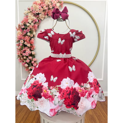 Vestido Infantil Marsala Floral + Tiara ou Laço