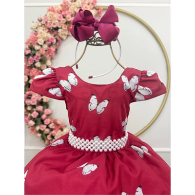 Vestido Infantil Marsala Floral + Tiara ou Laço