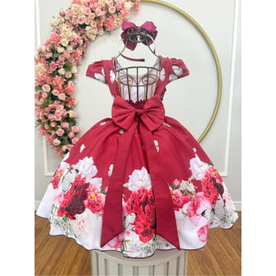 Vestido Infantil Marsala Floral + Tiara ou Laço