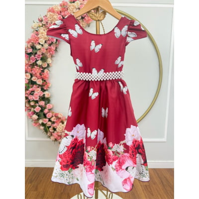 Vestido Infantil Marsala Floral + Tiara ou Laço