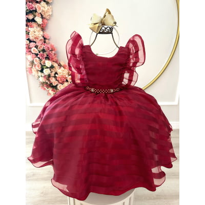 Vestido Infantil Marsala Organza Listrado C/ Pérolas Damas