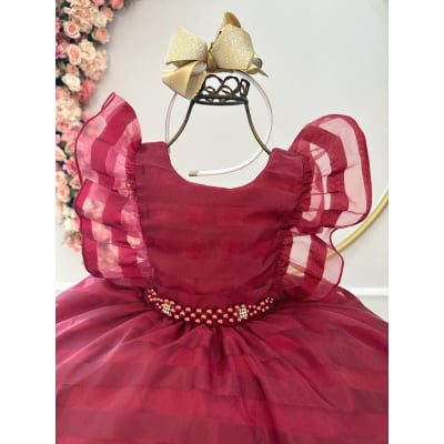 Vestido Infantil Marsala Organza Listrado C/ Pérolas Damas