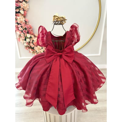 Vestido Infantil Marsala Organza Listrado C/ Pérolas Damas