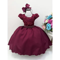 Vestido Infantil Marsala Peito Renda Strass Cinto de Pérolas