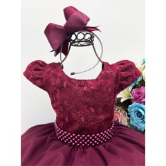 Vestido Infantil Marsala Peito Renda Strass Cinto de Pérolas