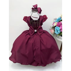 Vestido Infantil Marsala Peito Renda Strass Cinto de Pérolas