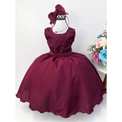 Vestido Infantil Marsala Peito Strass Cinto de Pérolas