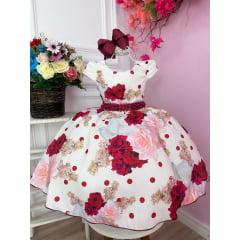 Vestido Infantil Off White Florido Luxo Com Cinto de Pérolas