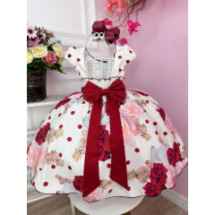 Vestido Infantil Off White Florido Luxo Com Cinto de Pérolas