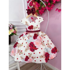 Vestido Infantil Off White Florido Luxo Com Cinto de Pérolas