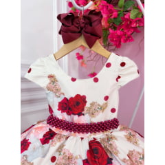 Vestido Infantil Off White Florido Luxo Com Cinto de Pérolas