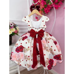 Vestido Infantil Off White Florido Luxo Com Cinto de Pérolas