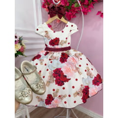 Vestido Infantil Off White Florido Luxo Com Cinto de Pérolas