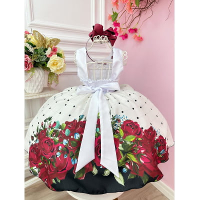 Vestido Infantil Off White Florido Marsala Busto Strass Festa