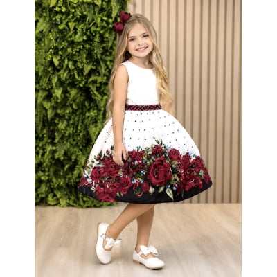 Vestido Infantil Off White Florido Marsala Busto Strass Festa