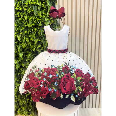 Vestido Infantil Off White Florido Marsala Busto Strass Festa