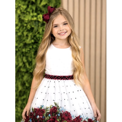 Vestido Infantil Off White Florido Marsala Busto Strass Festa