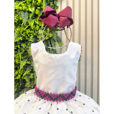 Vestido Infantil Off White Florido Marsala Busto Strass Festa