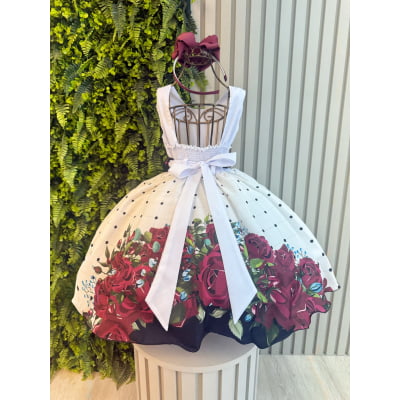Vestido Infantil Off White Florido Marsala Busto Strass Festa