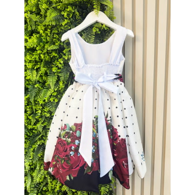 Vestido Infantil Off White Florido Marsala Busto Strass Festa