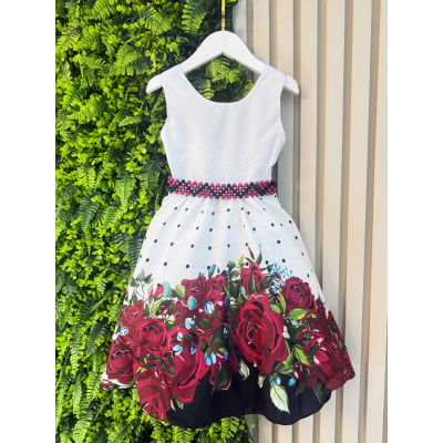 Vestido Infantil Off White Florido Marsala Busto Strass Festa
