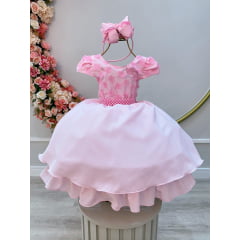 Vestido Infantil Rosa Bebê Busto C/ Apliques de Flores Renda
