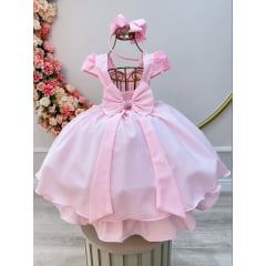 Vestido Infantil Rosa Bebê Busto C/ Apliques de Flores Renda