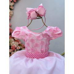 Vestido Infantil Rosa Bebê Busto C/ Apliques de Flores Renda