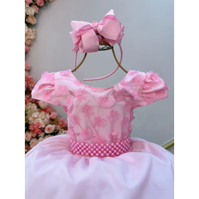 Vestido Infantil Rosa Bebê Busto C/ Apliques de Flores Renda