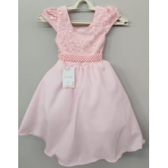 Vestido Infantil Rosa Bebê Busto C/ Renda e Cinto de Pérolas