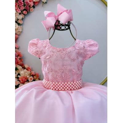 Vestido Infantil Rosa Bebê Busto Com Renda Daminha Festas